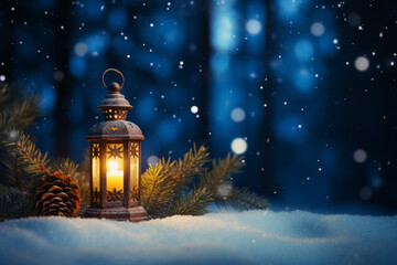 Christmas lantern on snow with fir branch in evening scene - 633158533