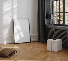 Modern dark home interior background, frame mock up, 3d render - obrazy, fototapety, plakaty