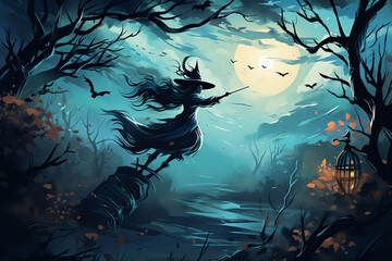 A bewitching Halloween scene with a flying witch over a dark and mysterious forest created with Generative AI technology