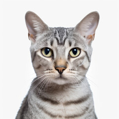 Isolated Egyptian Mau Cat with Visibly Sad Expression on White Background