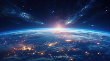 Planet Earth at night with city light illumination. View from space.  - obrazy, fototapety, plakaty