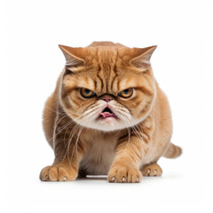 Angry Exotic Shorthair Cat Hissing Aggressively on White Background