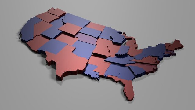 usa election 3d map illustration, can be used to represent american swing states, republicans and democrats or presidential and congress election