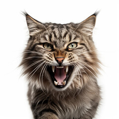 Obraz premium Angry Kurilian Bobtail Cat Hissing Aggressively on White Background