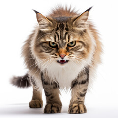 Obraz premium Angry Kurilian Bobtail Cat Hissing Aggressively on White Background
