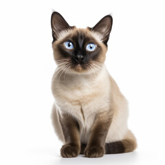 Fototapeta na wymiar Confused Balinese Cat with Tilted Head on White Background