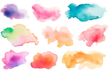 Watercolor brushstrokes in different colors on white transparent background