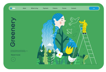 Greenery, ecology -modern flat vector concept illustration of a man painting a mural of a woman, composed with landscape. Metaphor of environmental sustainability and protection, closeness to nature © grivina