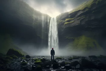  Man standing in front of big waterfall © Odin AI