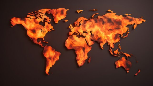 World map with burning countries concept of climate change created with Generative AI