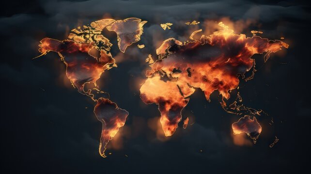 World map with burning countries concept of climate change created with Generative AI