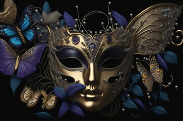  A golden carnival mask floats in the air, surrounded by colorful butterflies and flowers.