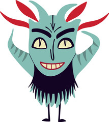An ugly devil with big horns and a funny smiling face. . Cute quirky comic book characters in a modern flat hand-drawn style
