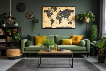 A trendy style of home interior with a mix of vintage and contemporary elements. It includes a green sofa, coffee tables, plants, a mock up poster map, a carpet, and various personal accessories. This