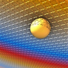 Abstract yellow sphere on multicolored patterned plane surface. 3d render, 3d illustration. Yellow, blue, red and grey colors