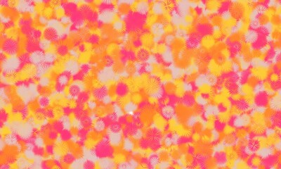 Multicolored chaotic circles with floral or spark pattern. Seamless background. Orange, yellow, grey anf magenta colors and shades on the white background