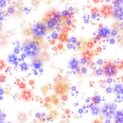 Red, purple and orange transparent flowers on the white background. Seamless pattern. Pattern for wrapping, textile, print