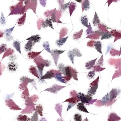 Big textured random brush strokes with thin tails. Purple colors and shades on the white background. Seamless texture.