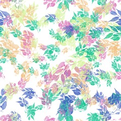 Multicolored tree branches with leaves on the white background. Seamless pattern.