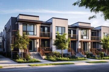 Fototapeta na wymiar Panorama Park offers a brand new series of three story single family homes in Richardson, situated in North Dallas. These residences feature a contemporary design, perfect for urban living. Each home