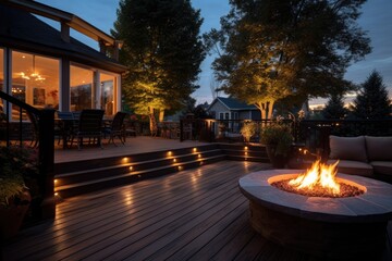 An outdoor deck equipped with a spacious gas fire pit that is openly designed. - obrazy, fototapety, plakaty