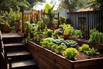 Home grown vegetables flourishing within a raised planting area situated in a compact backyard garden at ones residence.
