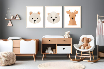 Stylish scandinavian newborn baby room with brown wooden three mock up poster frame, toys, plush animal and child accessories