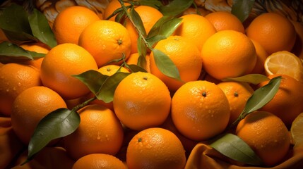Photo of a basket full of ripe oranges with fresh green leaves