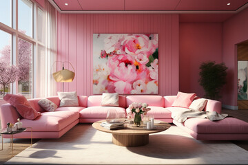 Modern living room interior in pink colors. AI generated