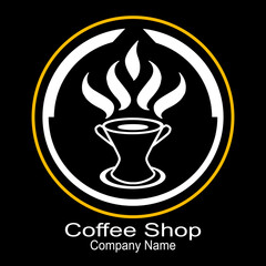 Coffee shop company emblem logo with illustration of a cup or two-handled glass.