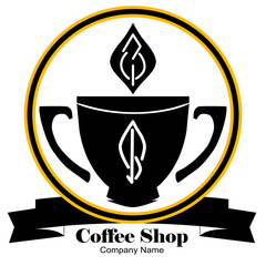 Coffee shop company emblem logo with illustration of a two-handled cup or glass and ribbon on the bottom