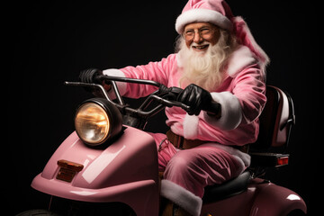 happy santa claus in pink costume on Motorrad 