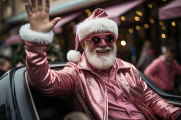 Obraz premium happy santa claus in pink sunglasses in a car on the street