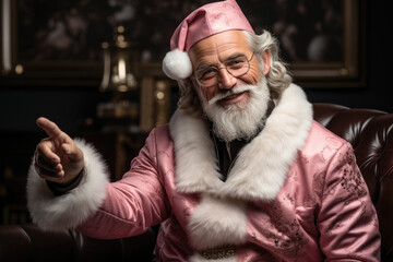 Smiling santa claus in pink costume with white fur