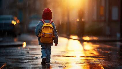 Kid walking back to school in city street, a rainy day in autumn at sunrise