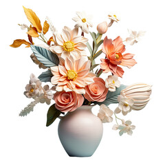 Ceramic flowers in vase isolated on transparent background