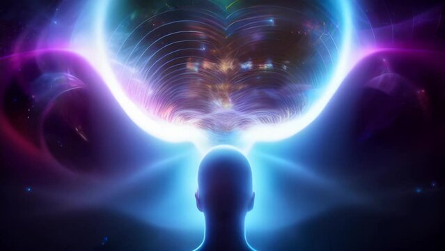 Vibration of psychic brain waves aura ascension. Neon light waves with male head shadow figure in the middle.