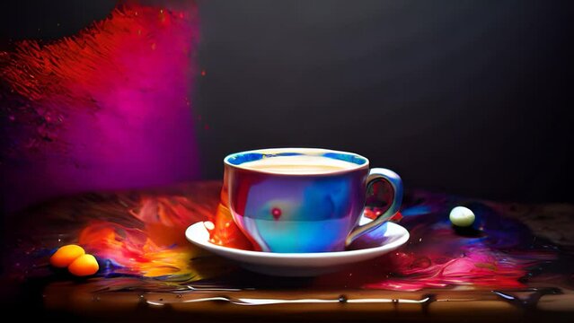 Colorful paint splatter cup on a black background. Loop.