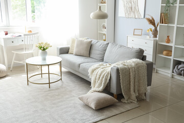 Cozy grey sofa with soft blanket and coffee table in interior of light living room