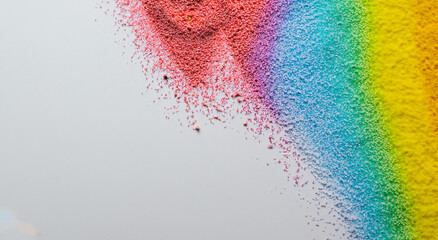 Close up of rainbow colored sand stripes vivid colors in high resolution and high sharpness on white background,copy space