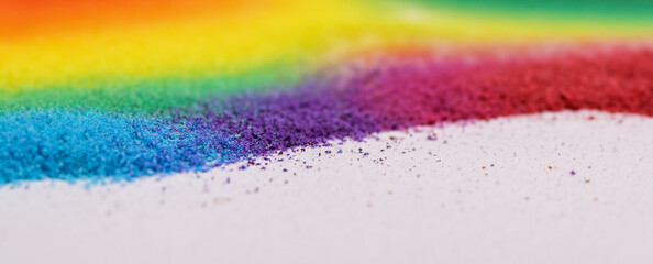 Close-up of vivid rainbow colored sand stripes on white background in high resolution and sharpness