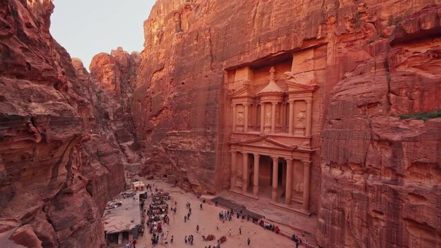 Petra, Wadi Musa, Jordan - Mar 06 2023, 4k, aerial view of Al-Khazneh tomb, symbol of the city of Petra, Wadi Musa, Jordan