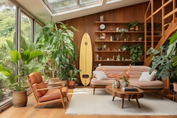 Fototapeta premium The inside of the brightly lit living room features a wooden surfboard, a comfortable armchair, and various lush houseplants.