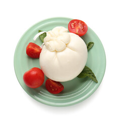 Plate with tasty Burrata cheese on white background