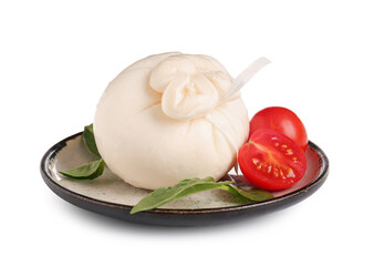 Plate with tasty Burrata cheese on white background