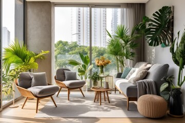 In the living room of the urban jungle apartment, there is a gray armchair positioned next to a large panoramic window. The space is adorned with indoor plants, including monstera and palm trees