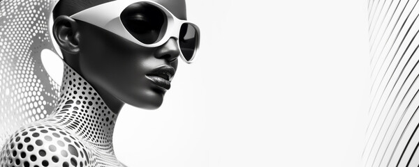 Futuristic close-up beauty portrait of a african american female model wearing sunglasses, white background