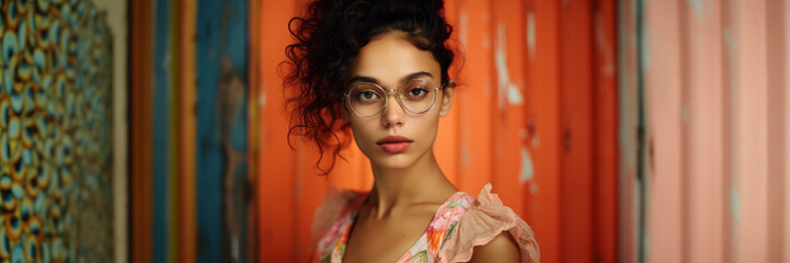 Portrait of a young Latina woman wearing glasses in a retro interior