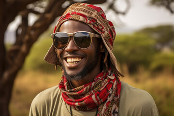 A close up portrait of a person in their safari hat sunglasses and bandana smiling in front of the breathtaking African bush.