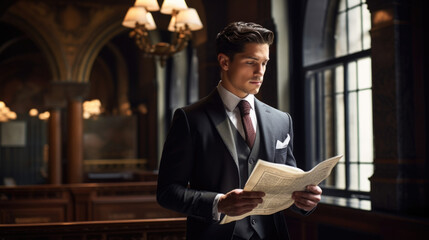 A man in a tailored suit holding a study guide for the art historical displays in the museum while looking thoughtfully out a window.